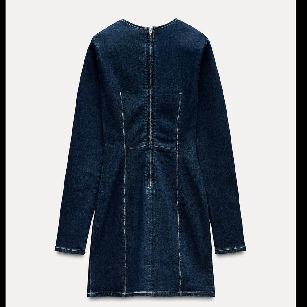 Zara Dark Blue Denim Long-Sleeve Mini Dress - Picture 2 of 5